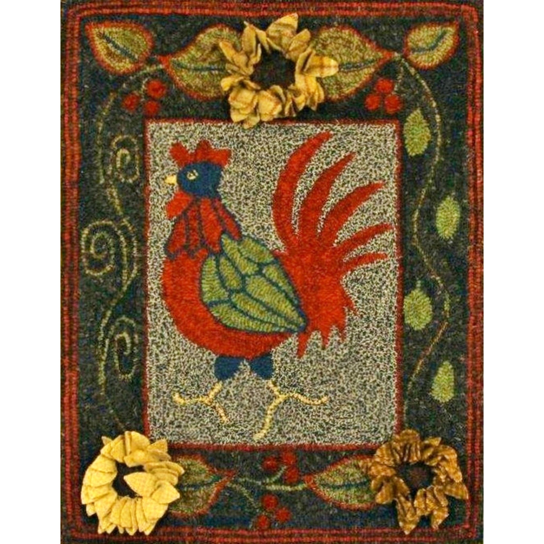 Rooster With Sunflowers, rug hooked by Karen Guffey