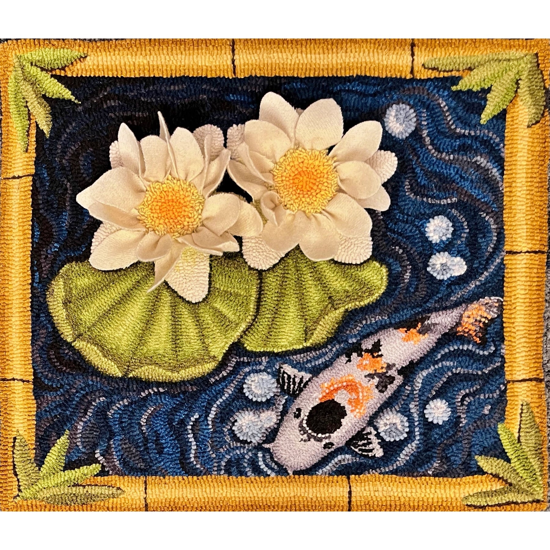 Lilies and Koi, rug hooked by Mary McGrath