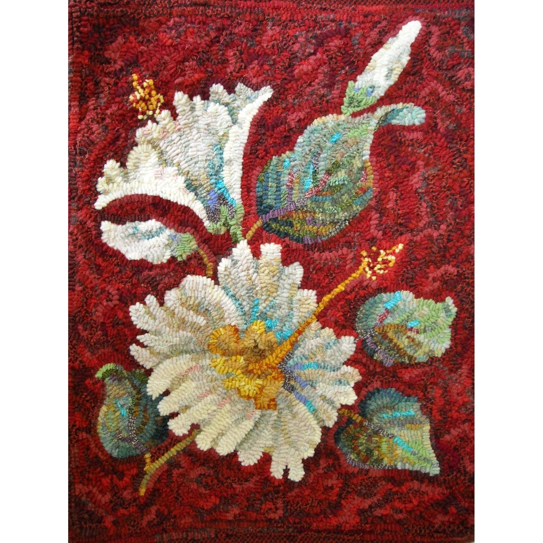 Hibiscus, rug hooked by Kathie Meyers