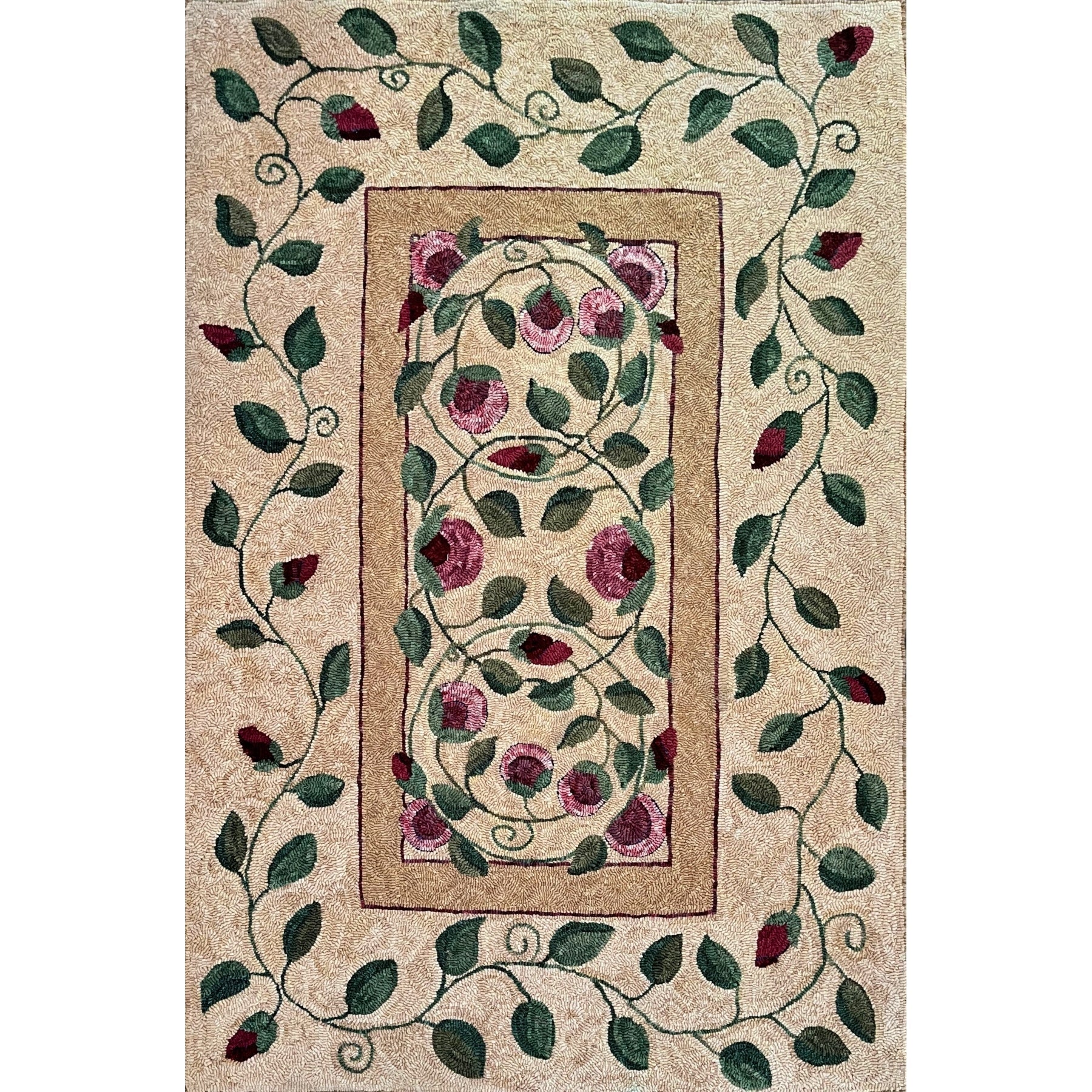 Orb Rose Vine, rug hooked by Dawn Hebert