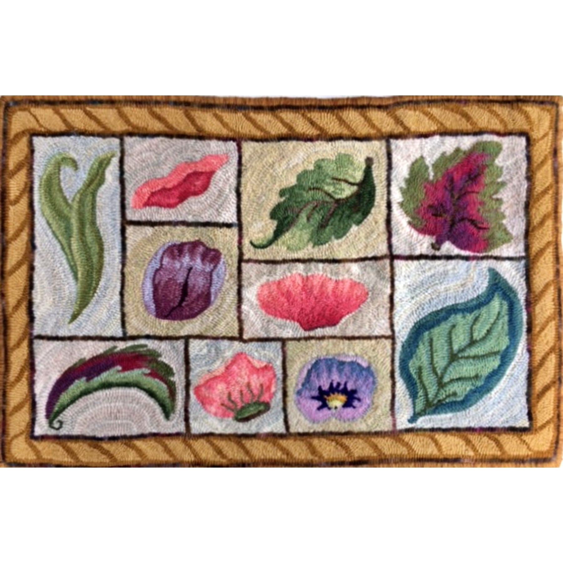 Petal & Leaf Sampler, rug hooked by Linda Cooney