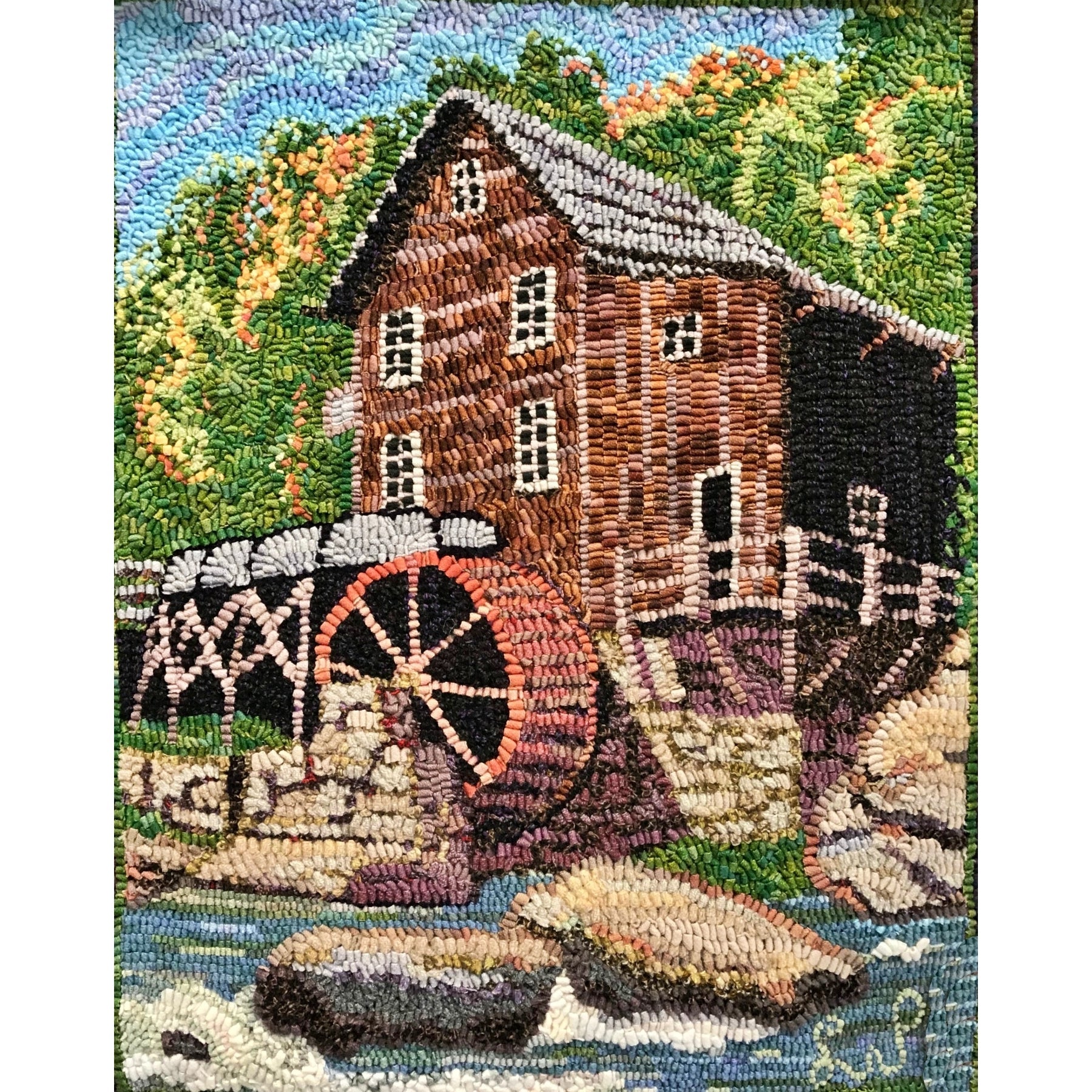 Glade Creek Grist Mill, rug hooked by Laura Pierce