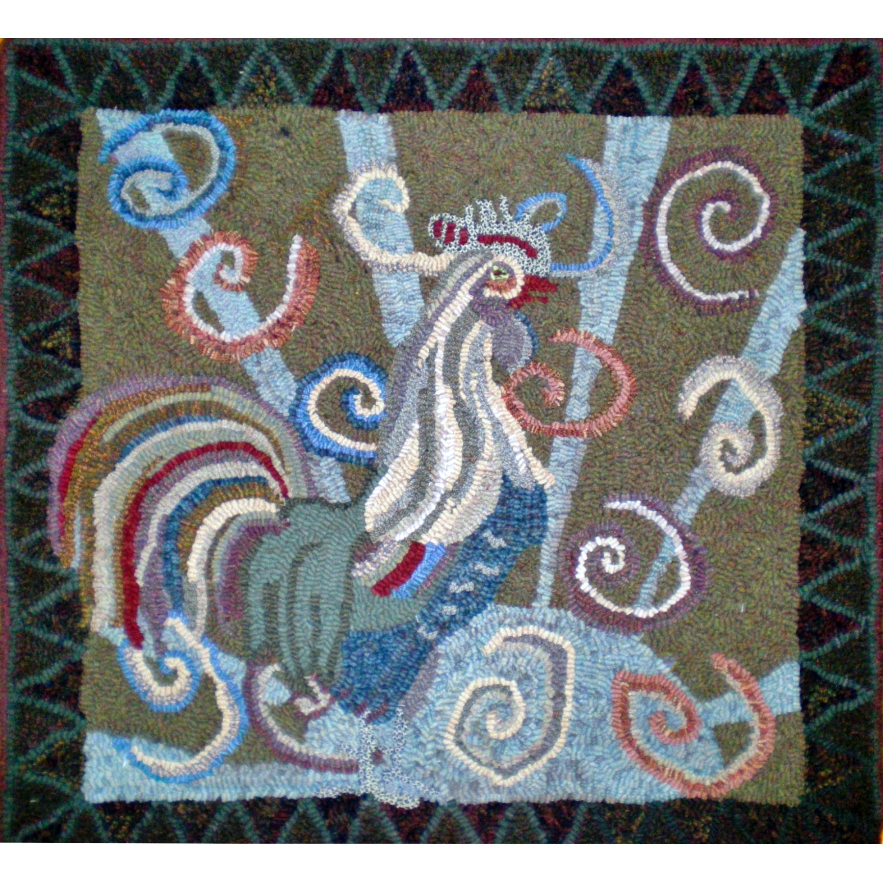 Marti Gras Rooster, rug hooked by Cheryl Bollenbach