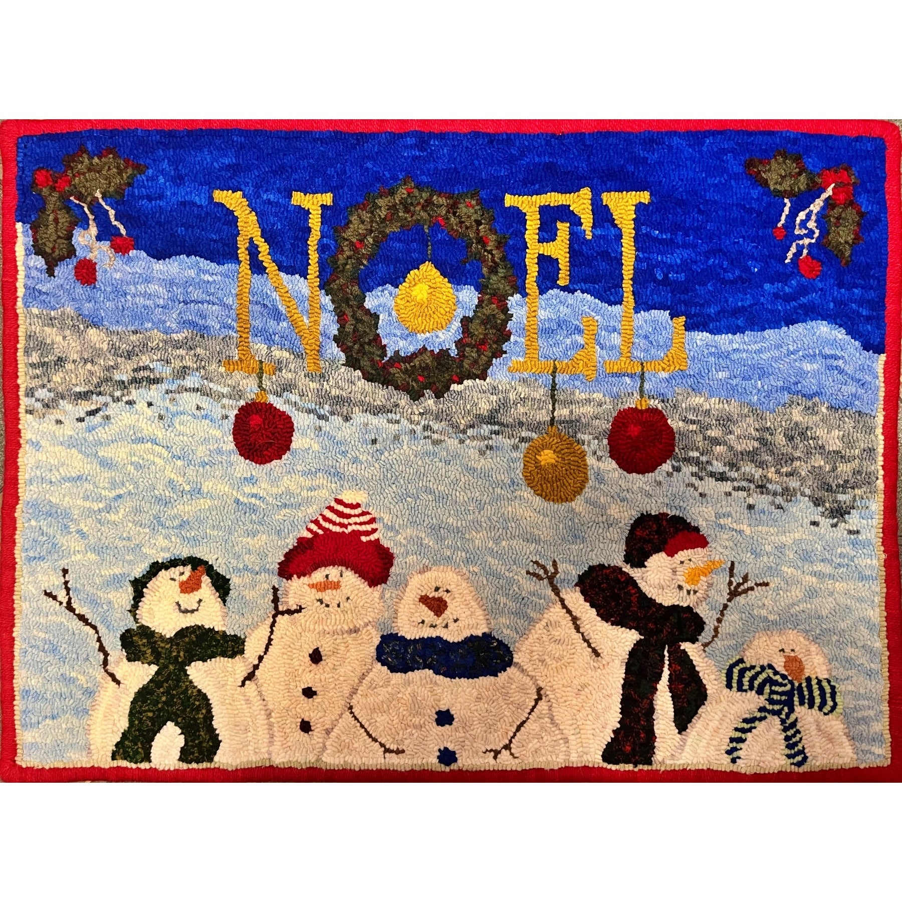 Five Snowmen Noel, rug hooked by Cheryl Herman