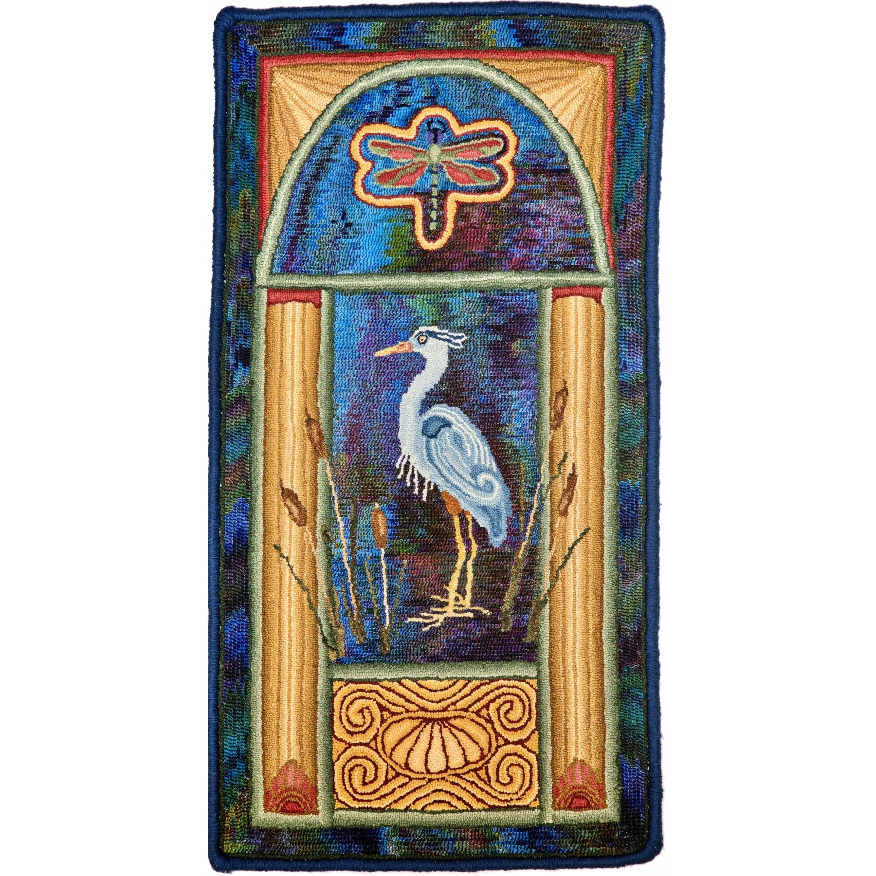 Art Nouveau Heron, rug hooked by John Leonard