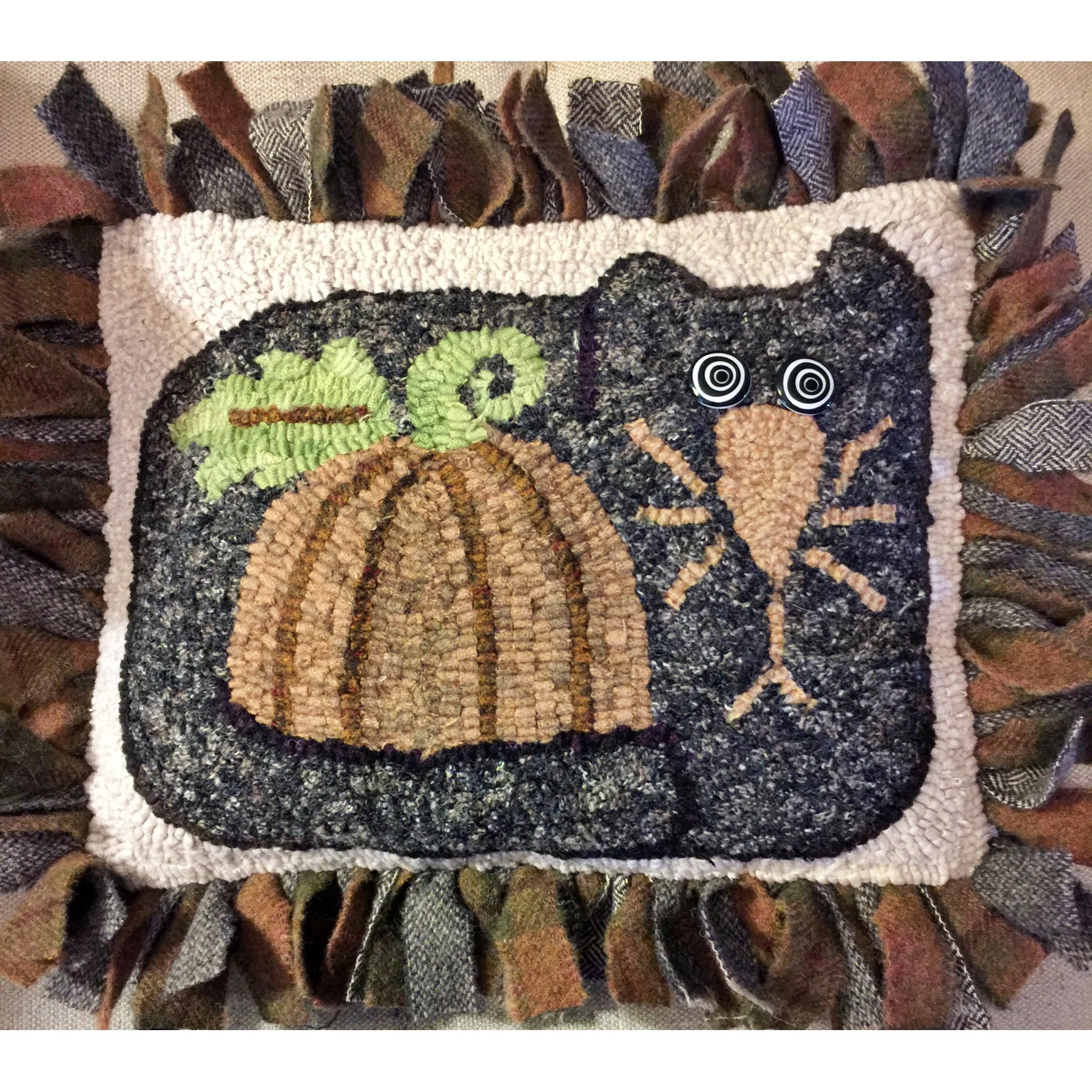 Cat and Pumpkin Pillow, rug hooked by Christa Bowling