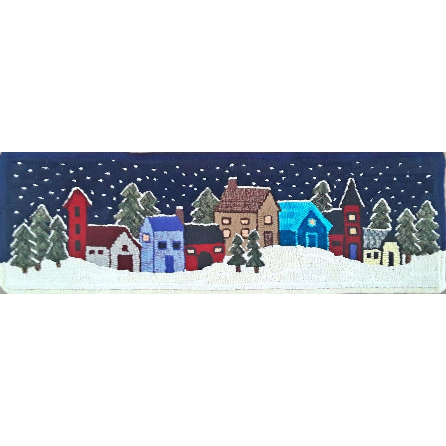 Snowy Village, rug hooked by Biffie Gallant