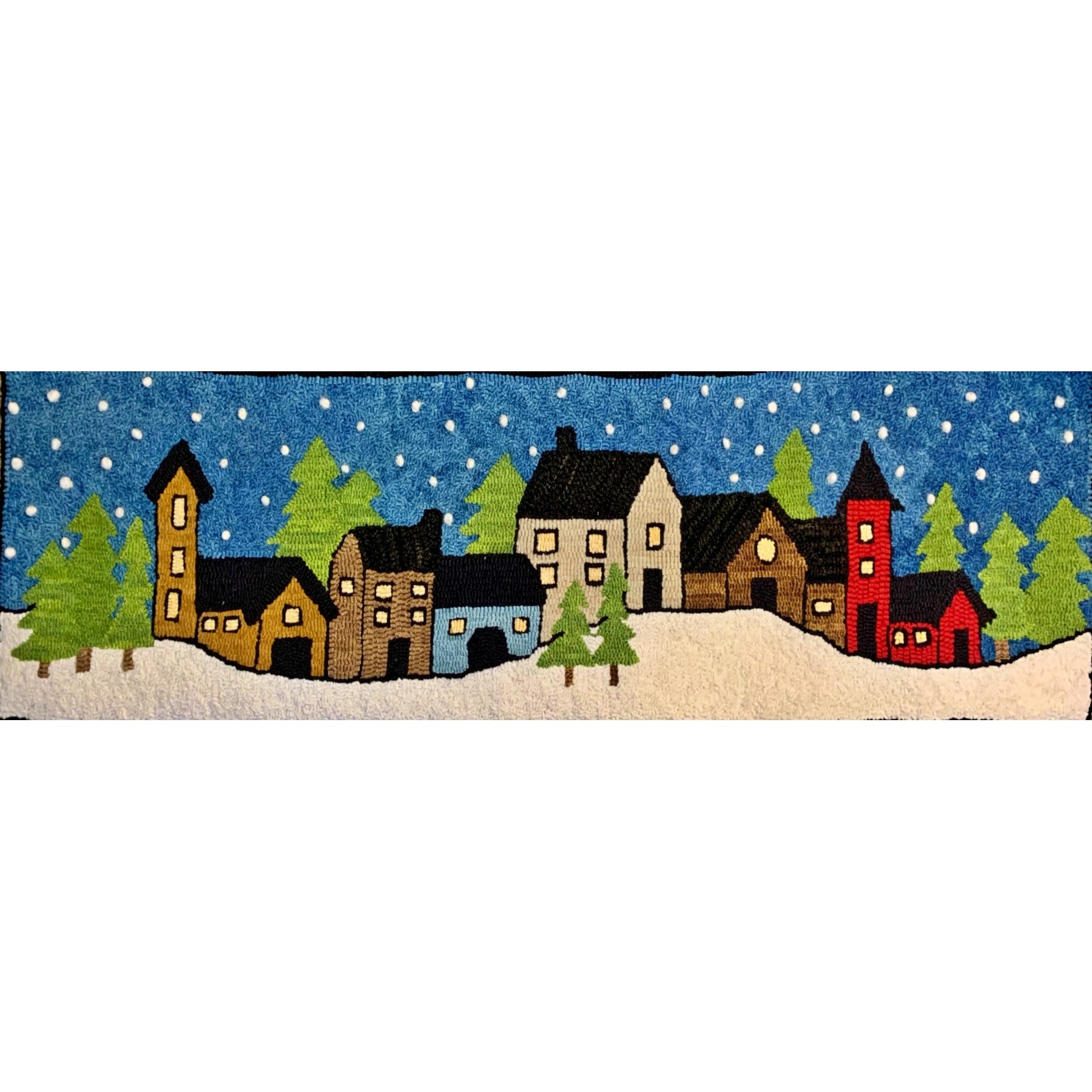 Snowy Village, rug hooked by Kelly Parr