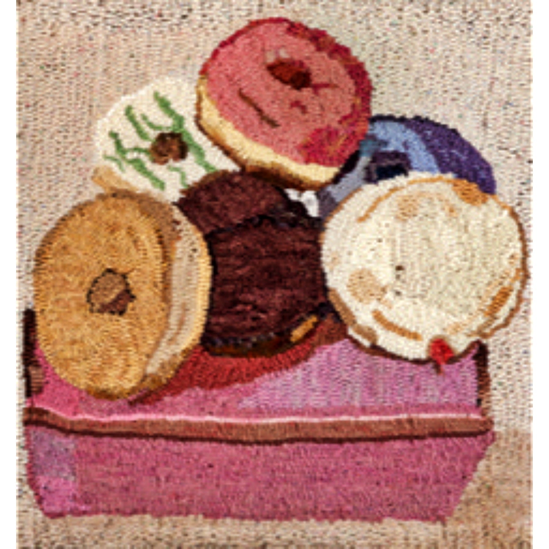 Donut on a Box, rug hooked by Victoria Rudolph