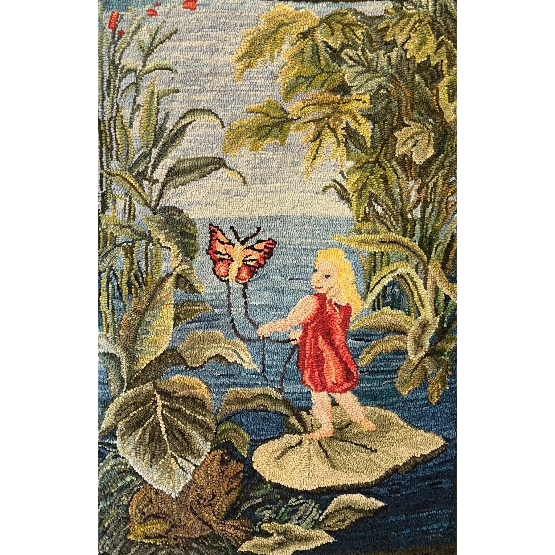 Thumbelina on Water with Butterfly, Tommelise By, Hans Christian Andersen, Oleograph, 1883, rug hooked by Judith Hotchkiss
