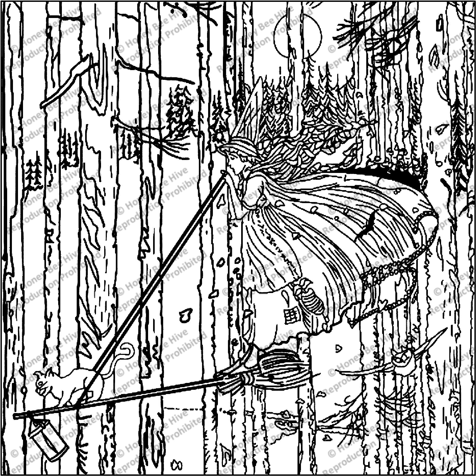 The Witch on her broom, ill. Ida Rentoul Outhwaite, 1921, rug hooking pattern
