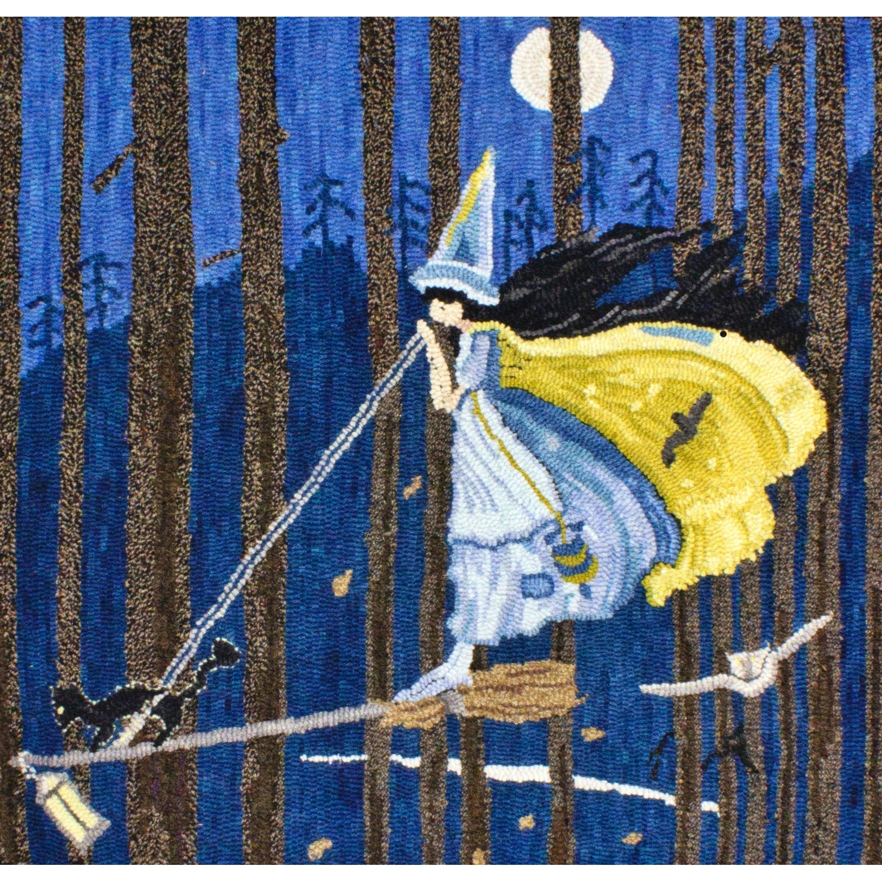 The Witch on her broom, ill. Ida Rentoul Outhwaite, 1921, rug hooked by Karen Krepps