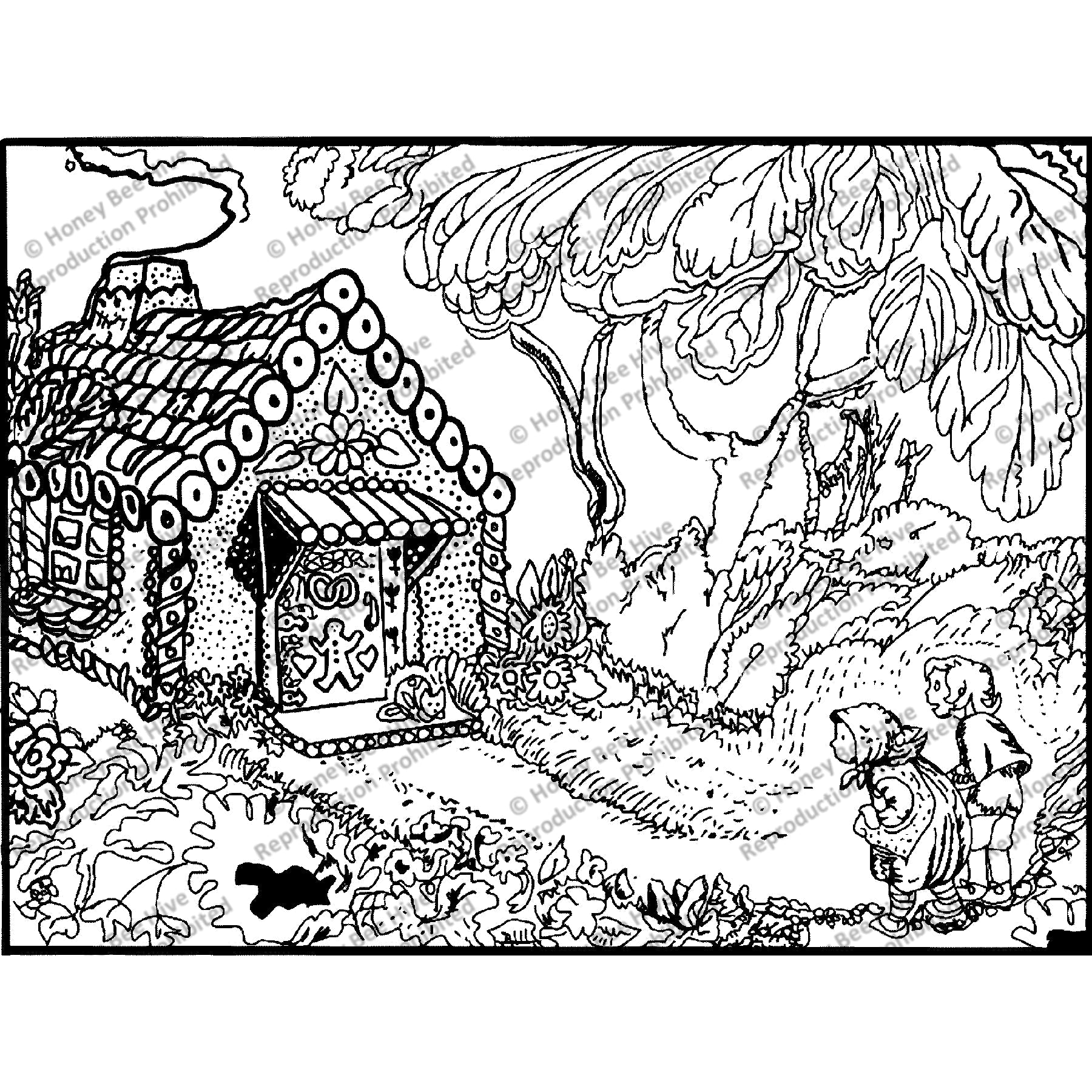 Hansel and Gretel-Hansel and Gretel’s first sighting of the Gingerbread House, ill. Wanda Gag, 1917, rug hooking pattern