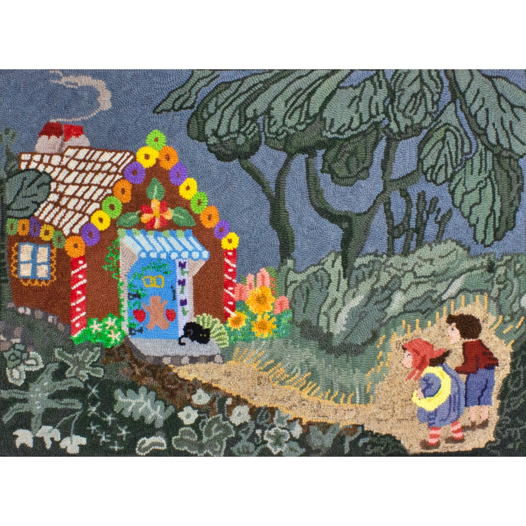 Hansel and Gretel-Hansel and Gretel’s first sighting of the Gingerbread House, ill. Wanda Gag, 1917, rug hooked by Katharine Webster