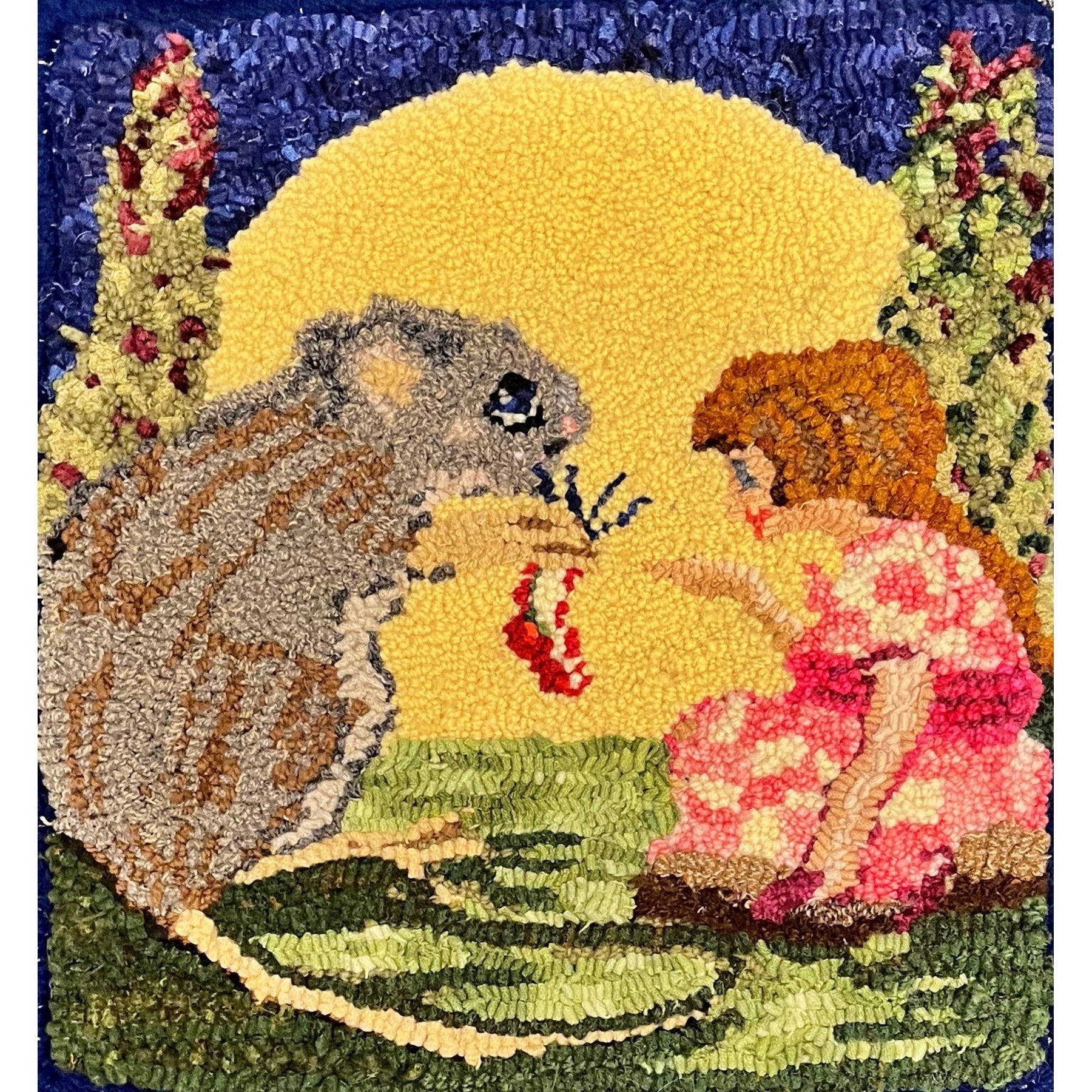 Thumbelina came to live with the Field mouse from Thumbelina, ill. Unkown, 1909, rug hooked by Sherrie Peterson