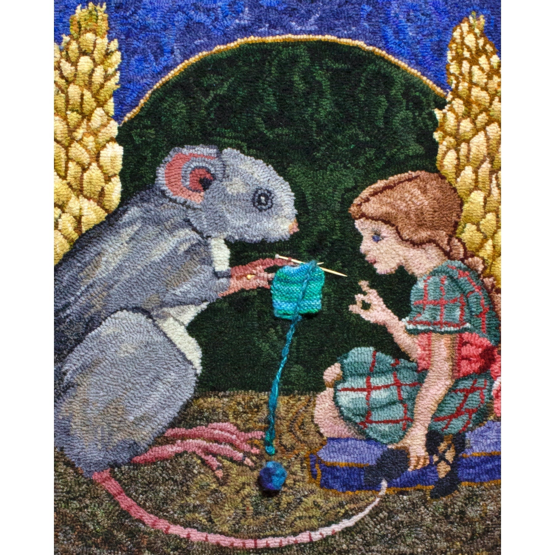 Thumbelina came to live with the Field mouse from Thumbelina, ill. Unkown, 1909, rug hooked by Sue Morin