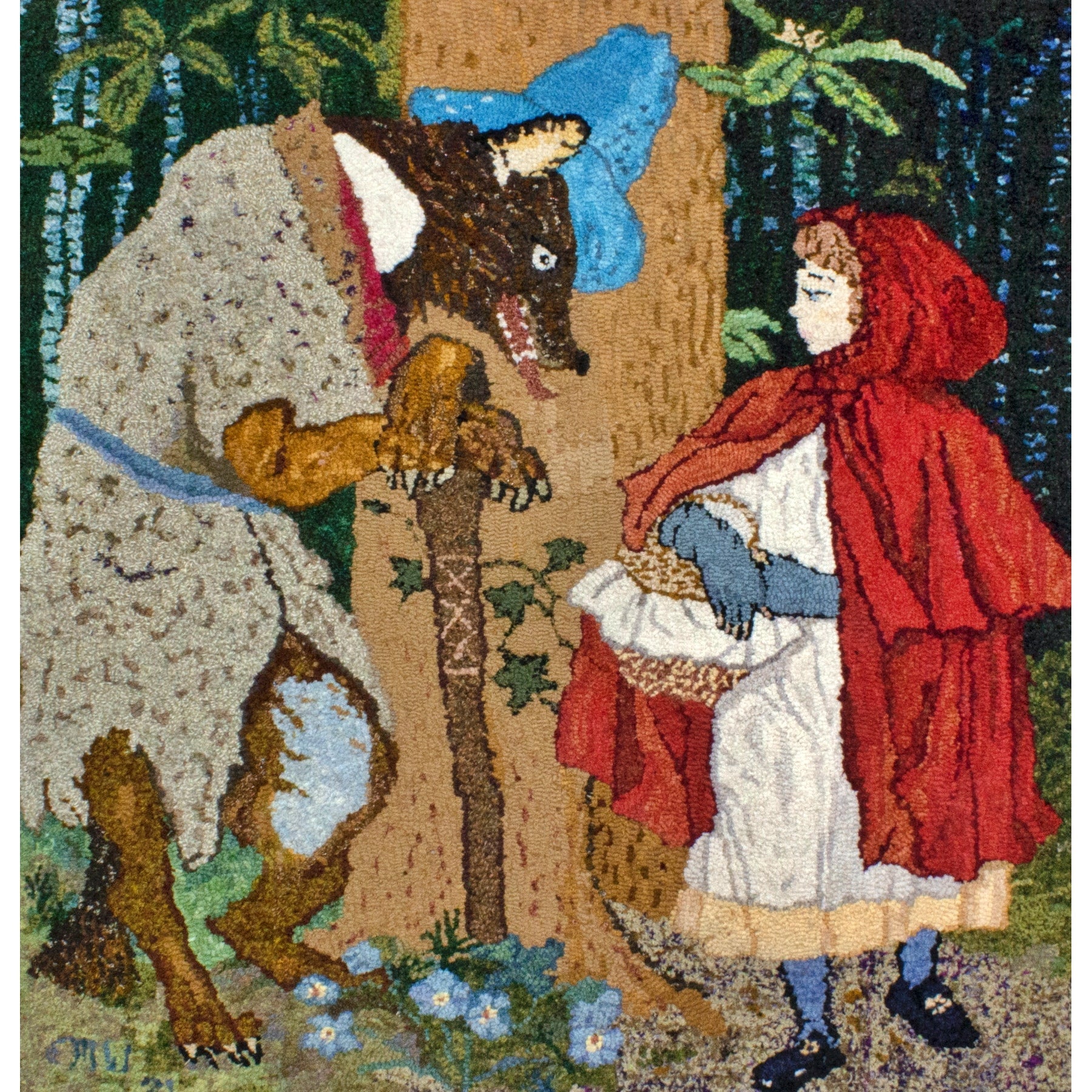 Red meets the Wolf, ill. Walter Crane, 1875, rug hooked by Elania West