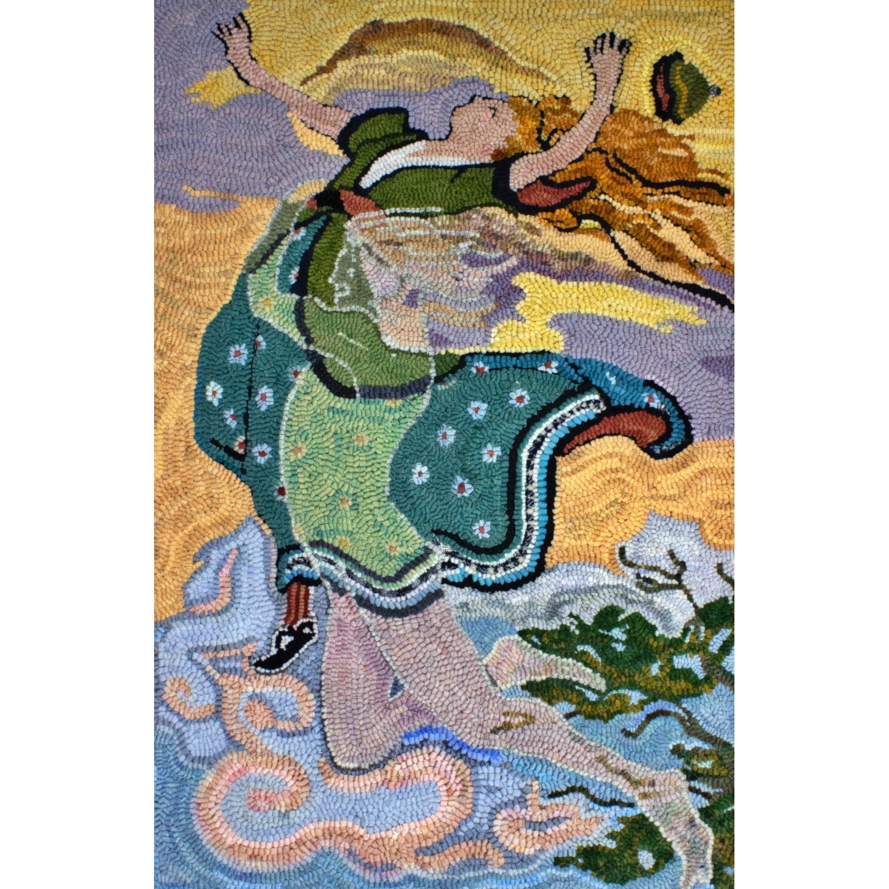 Whirlwind the Whistler Carries away Golden Tress, ill. Frank C Pape, 1916, rug hooked by Pam Finnegan