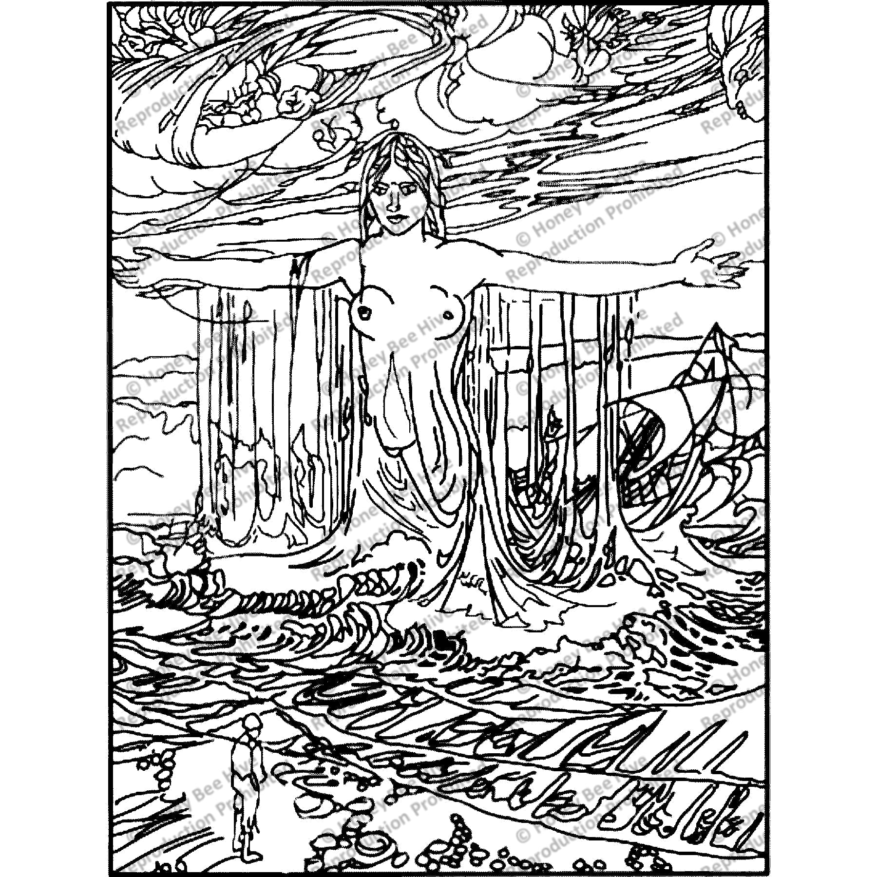 The Shipwrecked Man and the Sea, ill. Arthur Rackham, 1913, rug hooking pattern