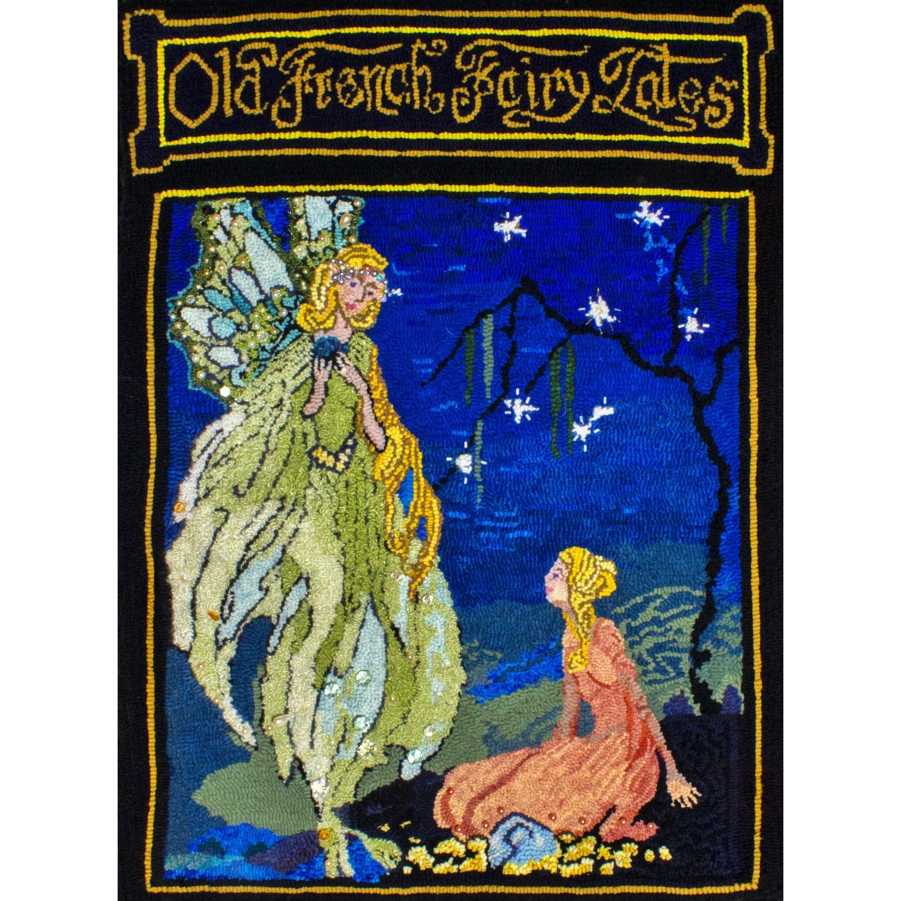 Old French Fairy Tales Book Cover ill. Virginia Frances Sterrett, 1920, rug hooked by Elyse Olson