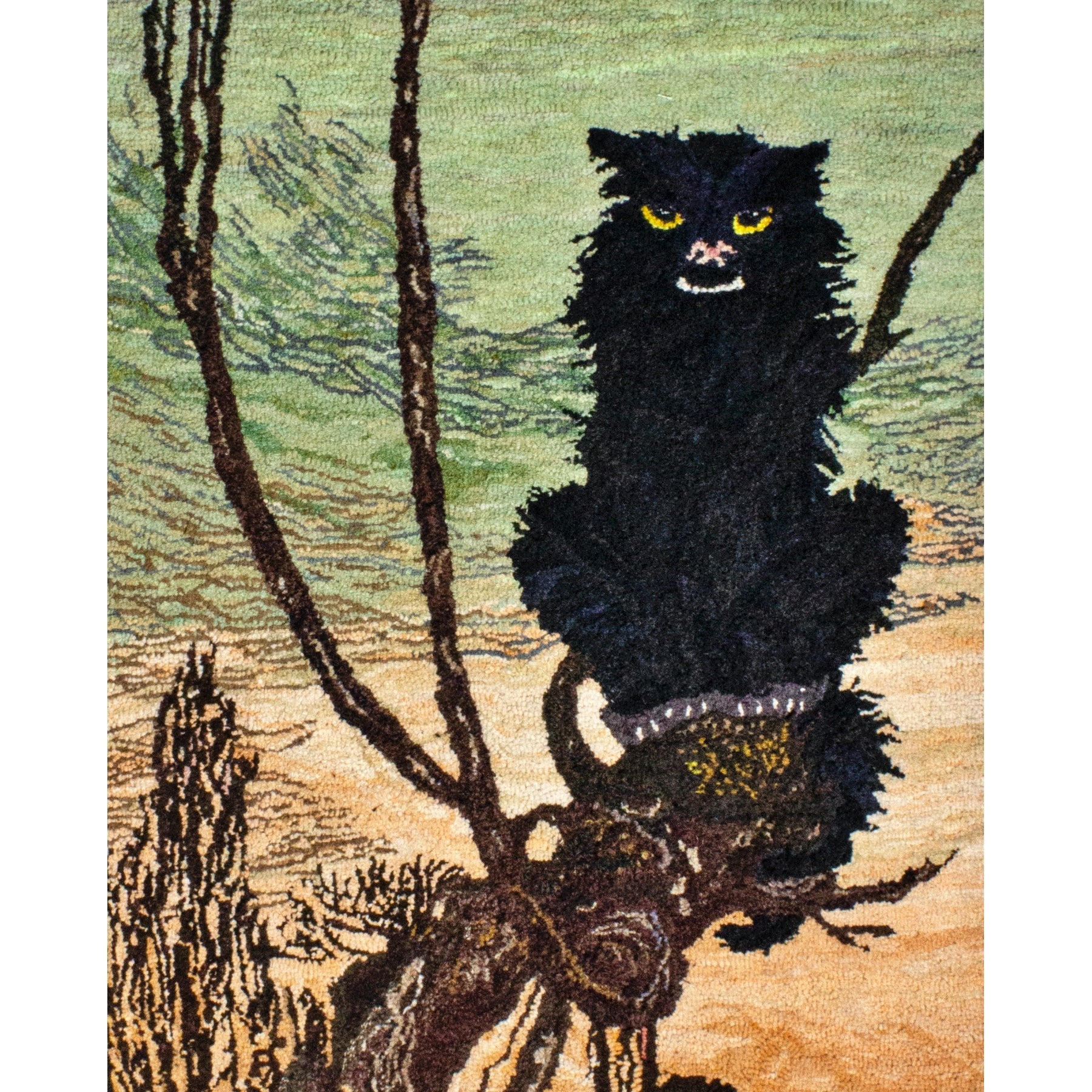 By day the witch would become a cat, ill. Arthur Rackham, 1909, rug hooked by Robin Rennie