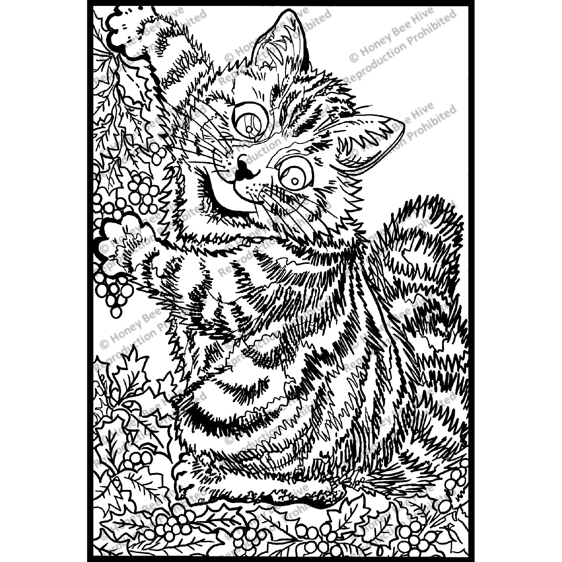Holly Cat Decorating by Louis Wain, 1905, rug hooking pattern