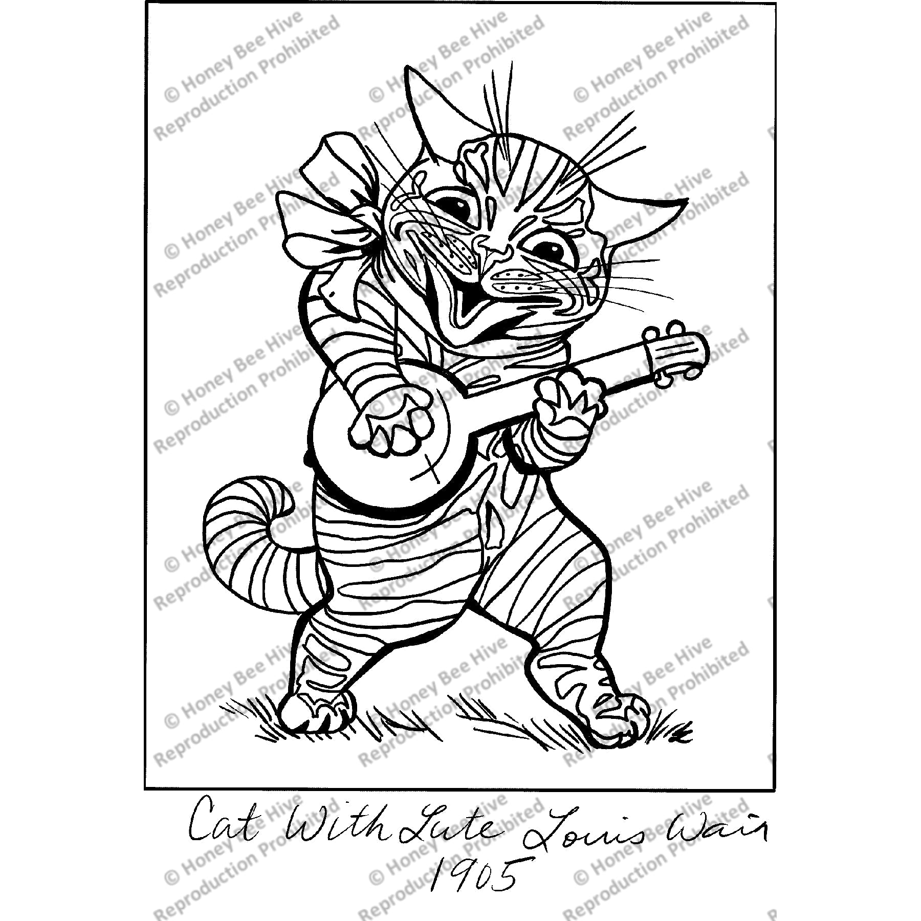 Cat with Banjo by Louis Wain, 1905, rug hooking pattern
