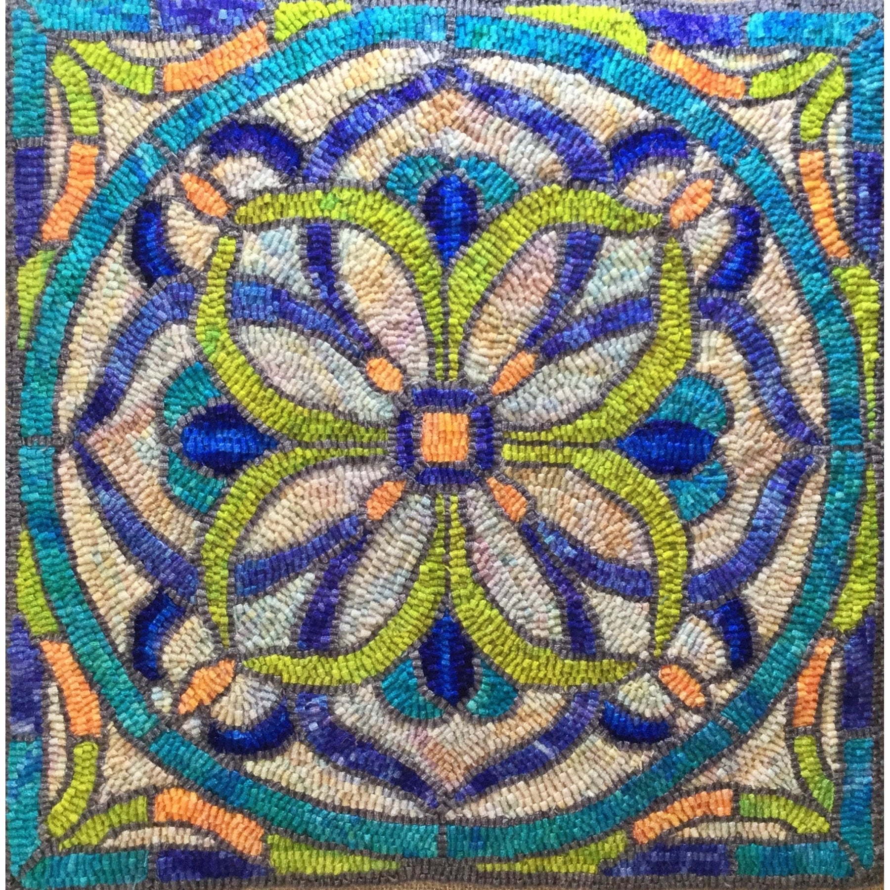 Stained Glass Mosaic, rug hooked by Brenda Patterson