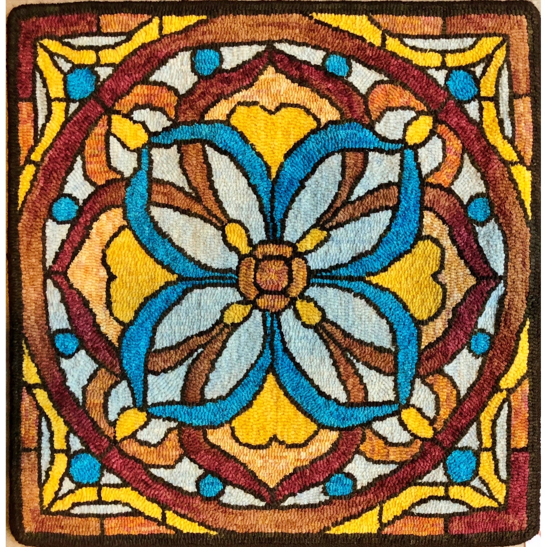 Stained Glass Mosaic, rug hooked by Kathryn Kovaric