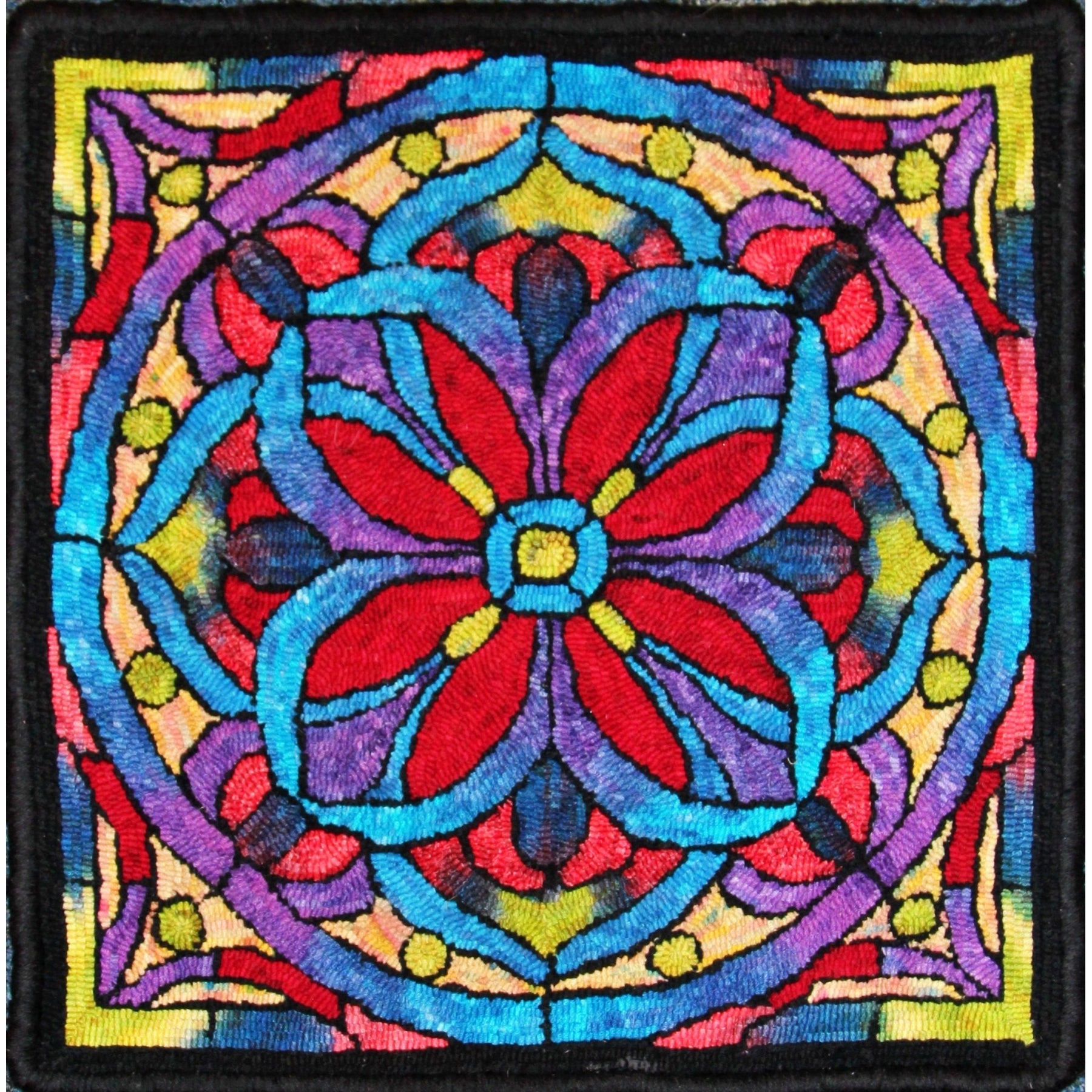 Stained Glass Mosaic, rug hooked by Lori Rokusek