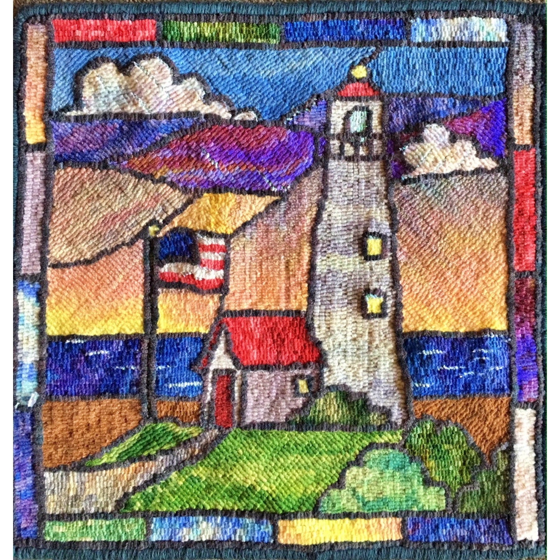 Stained Glass Lighthouse, rug hooked by Valerie Begeman