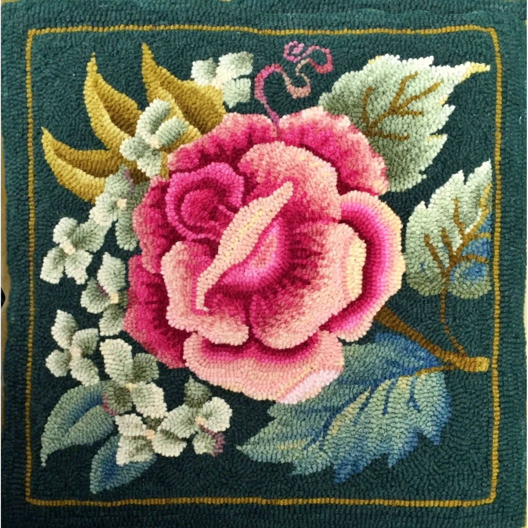 Rapture – Rose and Hydrangea, rug hooked by Marg Miller