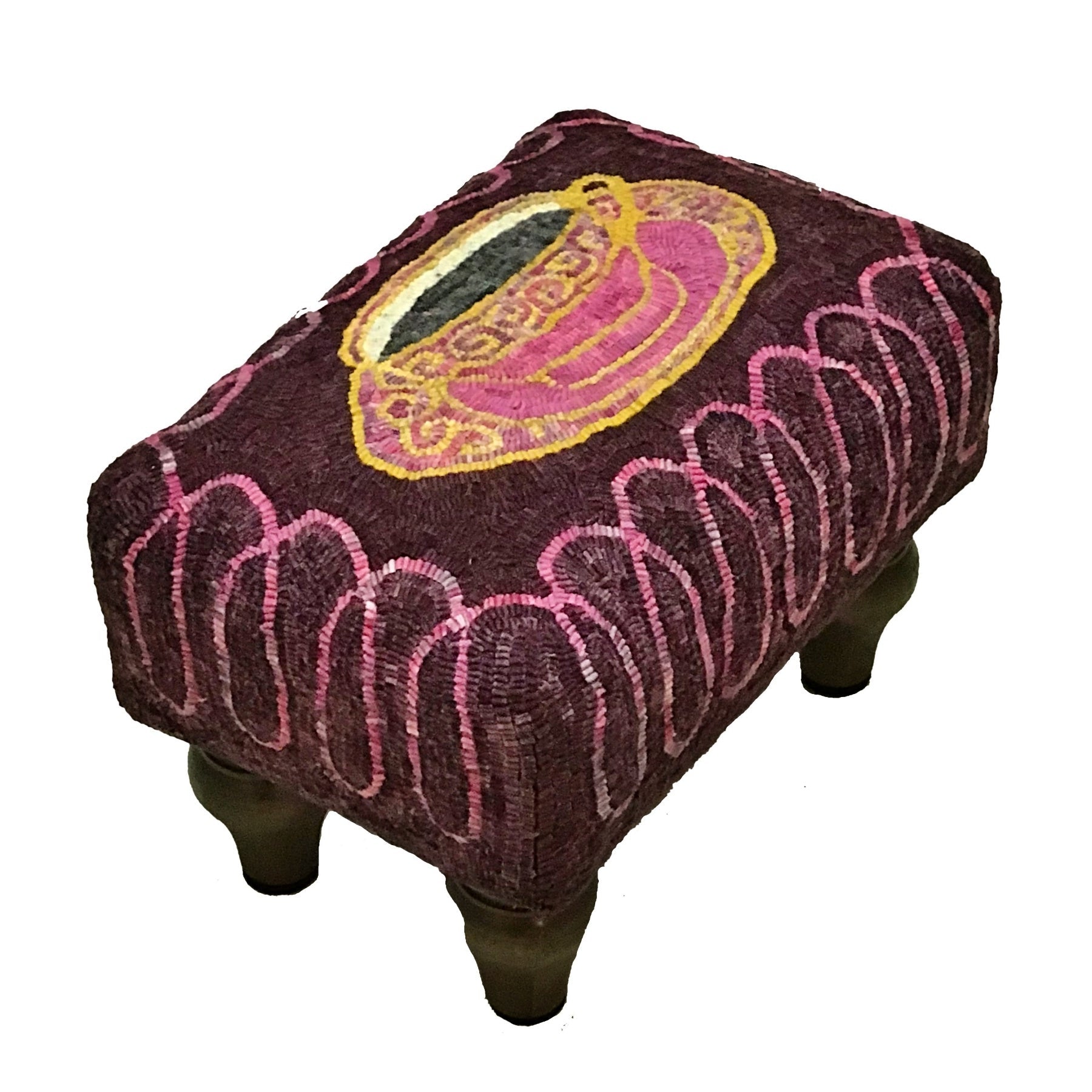 Teacup - Queen Anne Footstool Pattern, rug hooked by Debbie Douglas