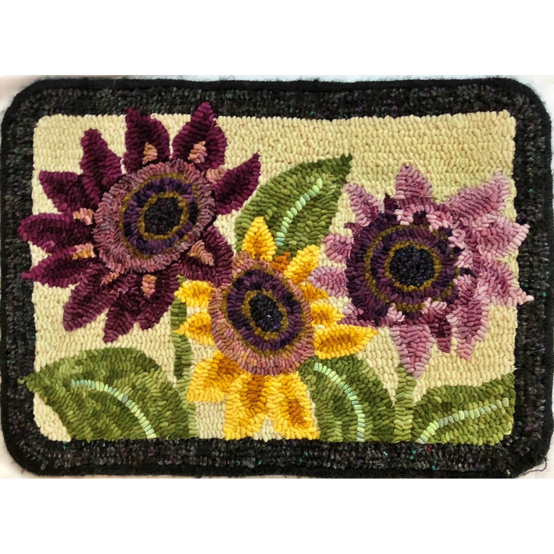Sunflowers - Country Footstool Pattern, rug hooked by Stacey Van Dyne