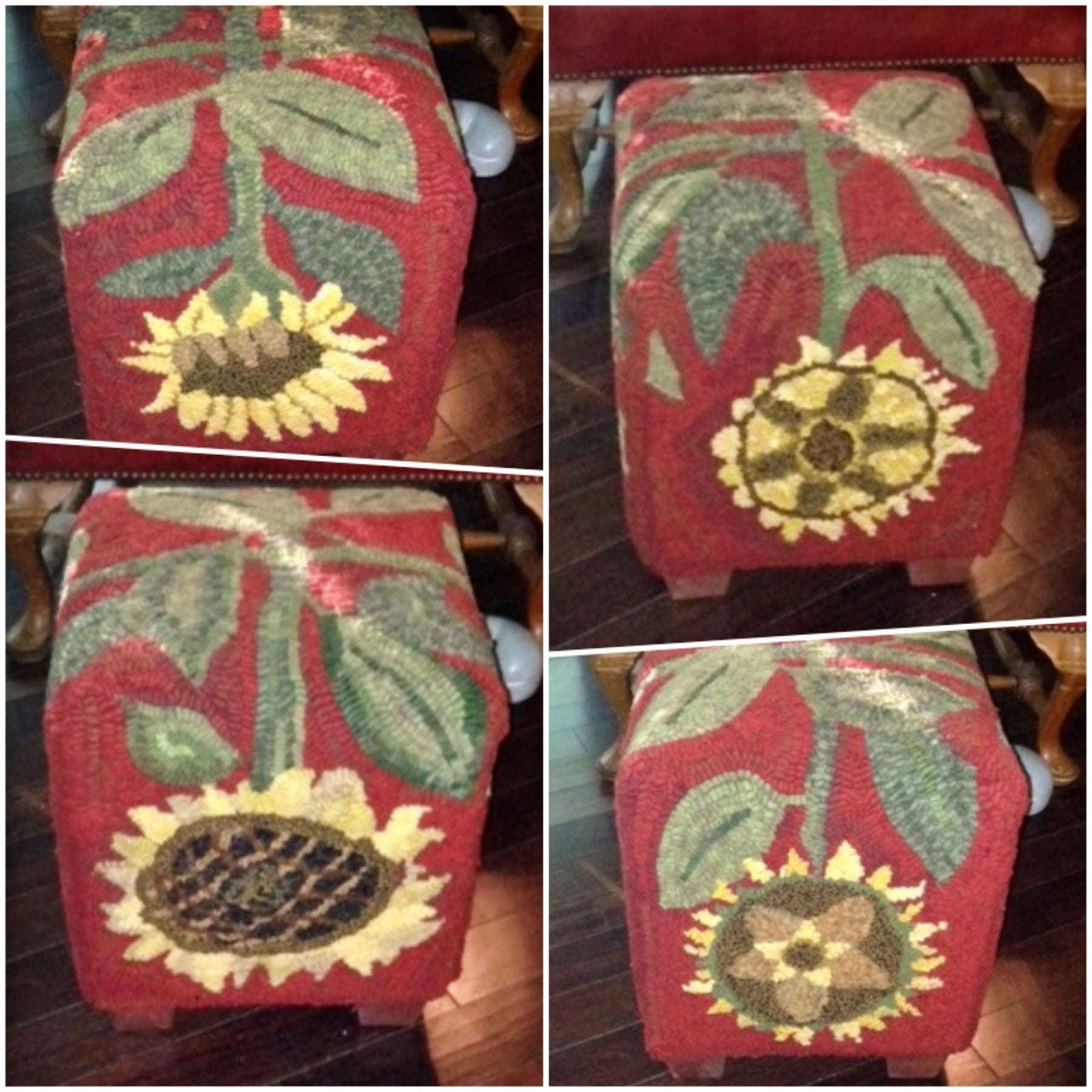 Sunflowers - Cube Footstool Pattern, rug hooked by Joan Bollaert