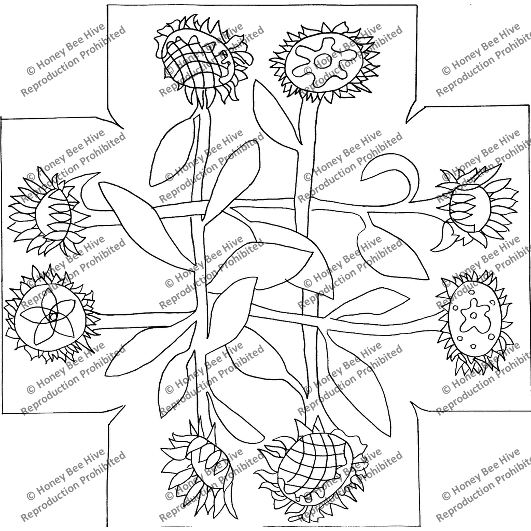 Sunflower - Square Footstool Pattern – 26”, rug hooking pattern