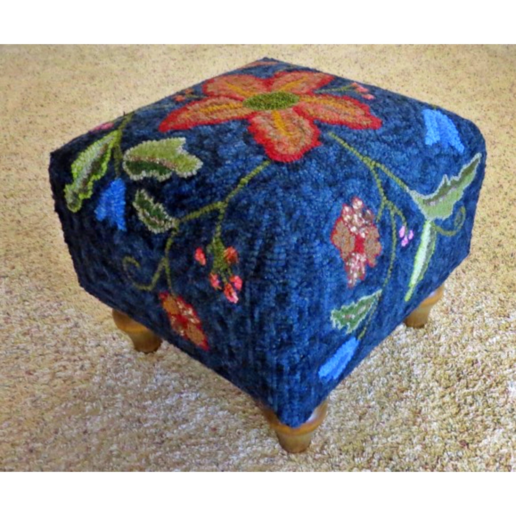 Crewel - Square Footstool Pattern, rug hooked by Patty Tyrrell
