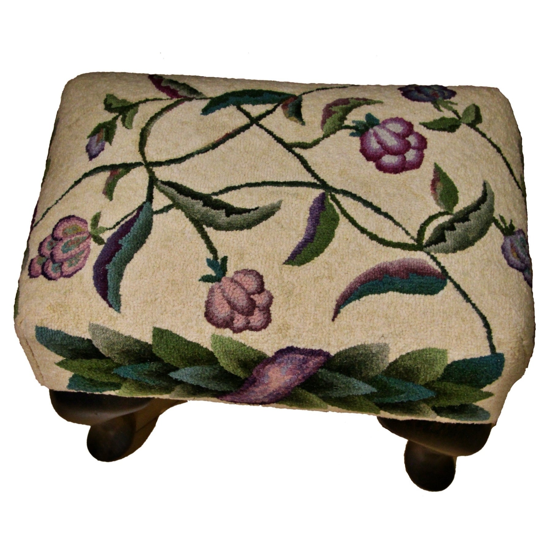 Vines, Fine Cut - Queen Anne Footstool Pattern, rug hooked by Peggy Hannum
